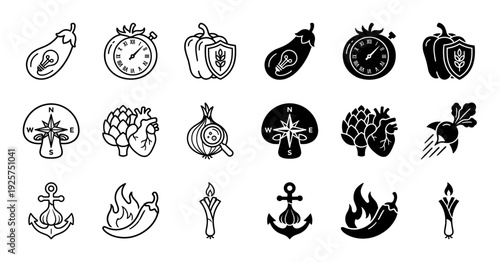 Collection of hybrid vegetable icons merging organic food with conceptual symbols like clocks anchors hearts and flames in outline and solid styles
