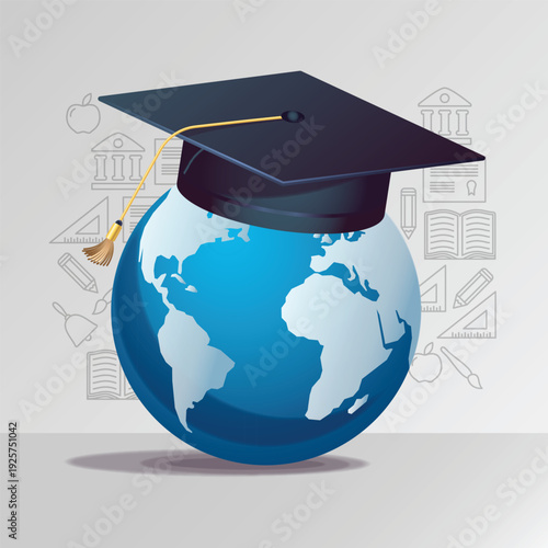 Global Education Graduation Cap on Earth Globe Academic Achievement Knowledge Learning World Study Diploma Symbol