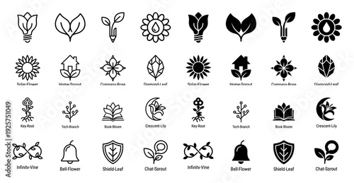 Collection of minimalist hybrid nature icons combining organic plant elements with functional symbols like lightbulbs houses keys and books