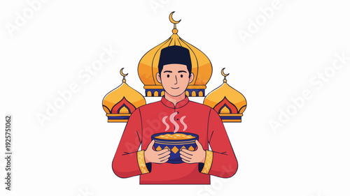 Man in Traditional Clothing Holding a Bowl of Food.