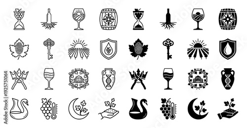 Collection of hybrid viticulture and oenology icons featuring wine bottle roots grapevine dna hourglass vineyard landscape and barrel compass symbols
