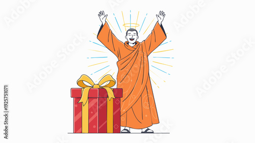 Man in orange robe celebrating with gift box.