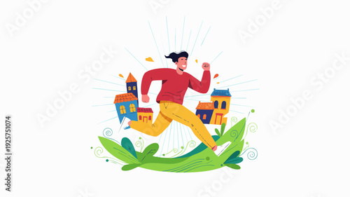 Man running with energy and determination through a vibrant cityscape.