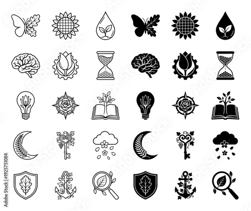 Collection of hybrid botanical and conceptual icons featuring organic nature elements merged with classic symbols in outline and solid styles