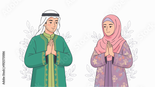 Muslim man and woman greeting with hands together.