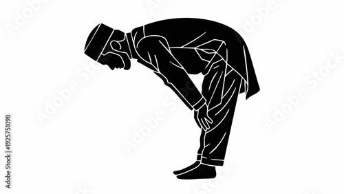 Muslim man performing Ruku prayer pose in silhouette.