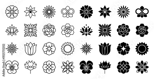 Symmetric floral icon collection featuring hybrid botanical designs with geometric integration in both minimalist outline and solid black silhouette styles