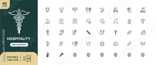 Comprehensive collection of 40 editable line art icons representing essential medical and healthcare services for modern design projects