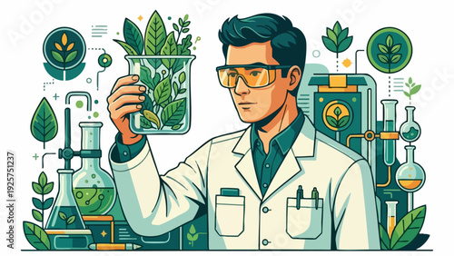 Scientist examines plant in laboratory beaker.