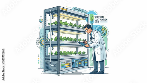 Scientist examines plants in vertical farming unit.
