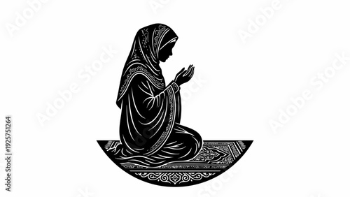 Silhouette of a Muslim Woman Praying on a Prayer Mat.