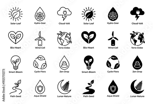 Collection of hybrid ecological icons featuring combined symbols like solar leaves hydro gears and cloud volts in outline and solid black styles