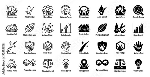 Hybrid landscaping and turf management icon set featuring grass integrated with clock gear shield and magnifying glass symbols in outline and solid styles