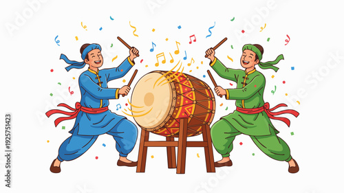 Two men playing a large drum with sticks.