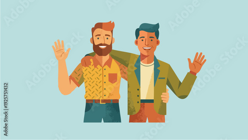 Two happy men friends waving hello together.