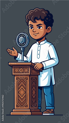 Young boy speaking confidently at a wooden podium with a vintage microphone.