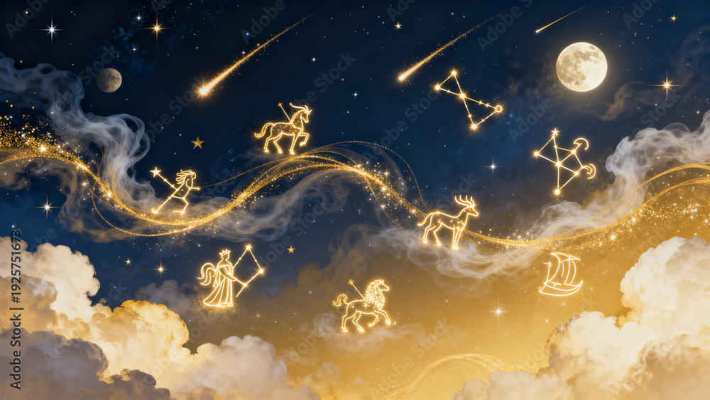 Naklejka premium Glowing zodiac constellations in a dreamy night sky