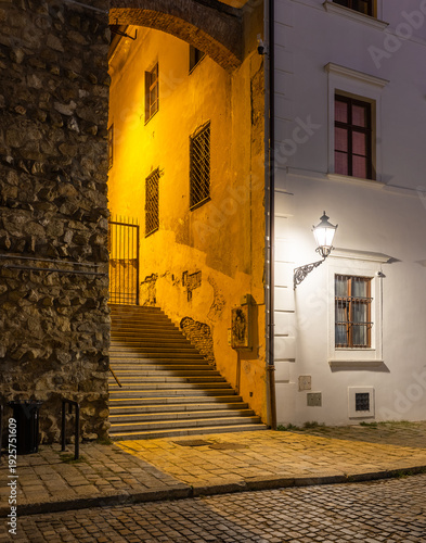 Photography Old Town steps illuminated at night in Bratislava, Slovakia.