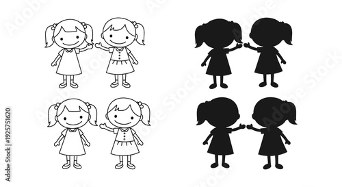 Four cartoon girls depicted in both outlined and solid black silhouettes