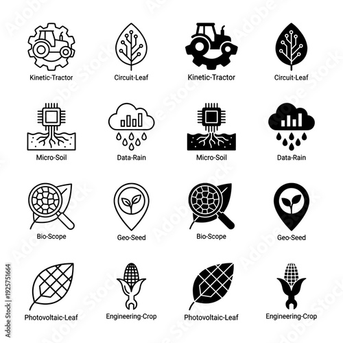 Hybrid agriculture and smart farming icons merging mechanical tools with organic plant elements in outline and solid glyph styles for agritech