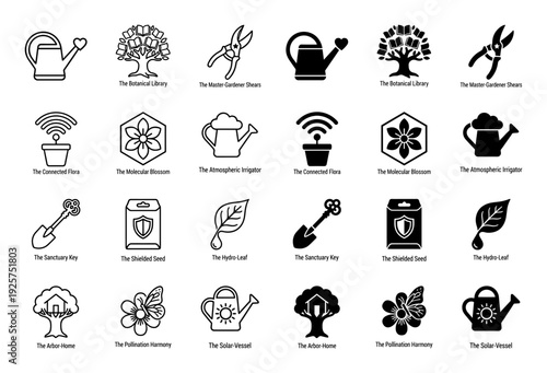 Collection of conceptual hybrid gardening and botany icons featuring minimalist black line and solid silhouette styles for modern horticultural branding