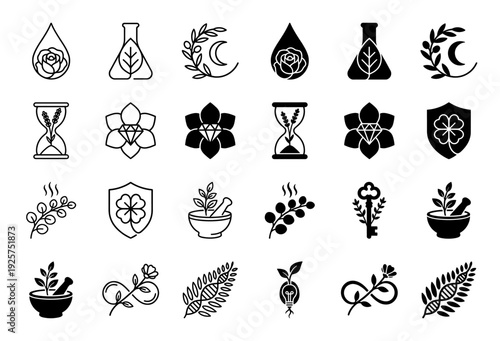 Collection of botanical hybrid icons featuring medicinal plants merged with scientific glass lab flask hourglass dna strand and apothecary mortar