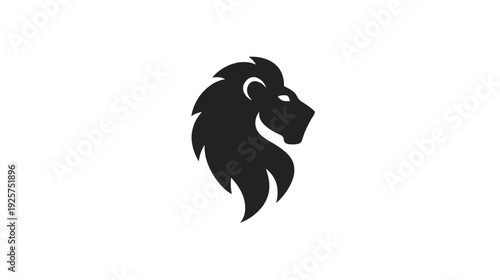 A stark, minimalist depiction of a lion's head in profile, rendered in solid black