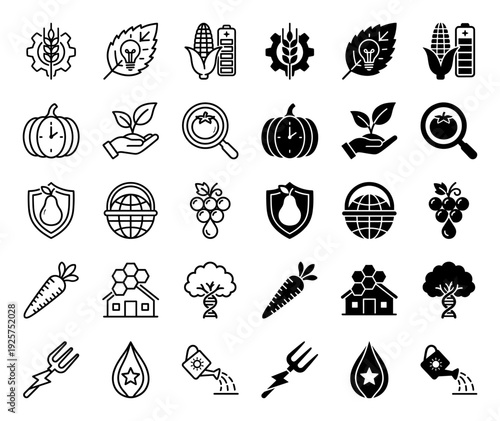 Collection of Hybrid Agritech and Sustainable Farming Icons Featuring Organic Produce Merged with Technology and Renewable Energy Symbols