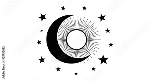 Stylized crescent moon illustration surrounded by scattered stars on a white background
