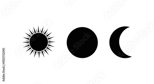 Black and white illustration depicting the sun new moon and crescent moon phases