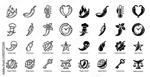 Collection of hybrid chili pepper icons merging spicy food symbols with objects like a clock skull shield key and scale in outline and solid styles