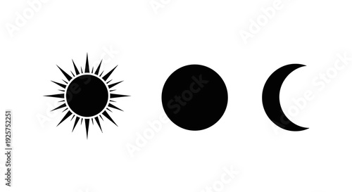 Black silhouette icons depicting the sun full moon and crescent moon phases