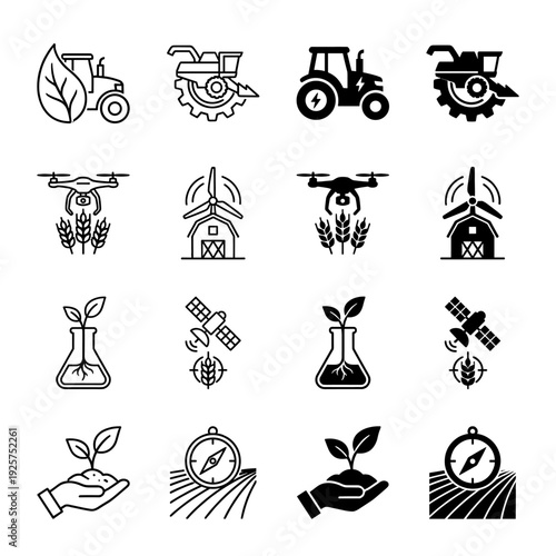 Sustainable smart farming icon set featuring hybrid designs of agricultural machinery with organic elements and renewable energy symbols in outline and solid styles