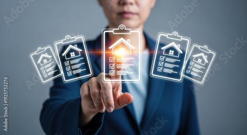 Home Inspection Checklist Visualization: Person Interacting with Digital Interface for Property Assessment and Real Estate Services