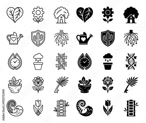 Collection of hybrid nature icons merging botanical elements with functional symbols like gears clocks and batteries for sustainable growth concepts