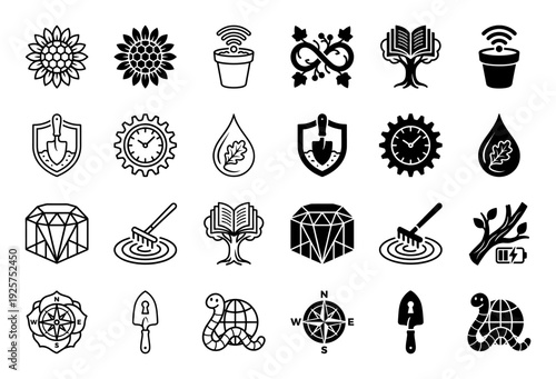 Collection of modern hybrid icons merging gardening and nature with abstract metaphors like book trees compass flowers and time management gears