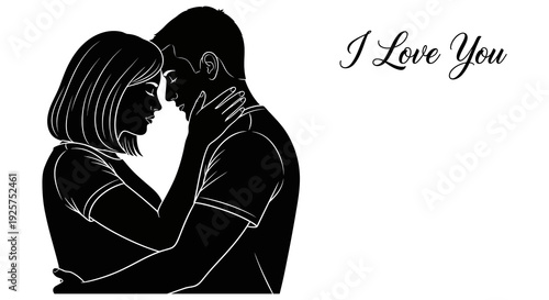 Silhouetted couple embracing with the phrase i love you handwritten nearby