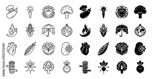 Collection of creative vegetable hybrid icons merging organic food with conceptual symbols like lightbulbs gears hearts and clocks in line and silhouette styles