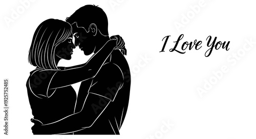 Silhouetted couple embracing with handwritten i love you text alongside
