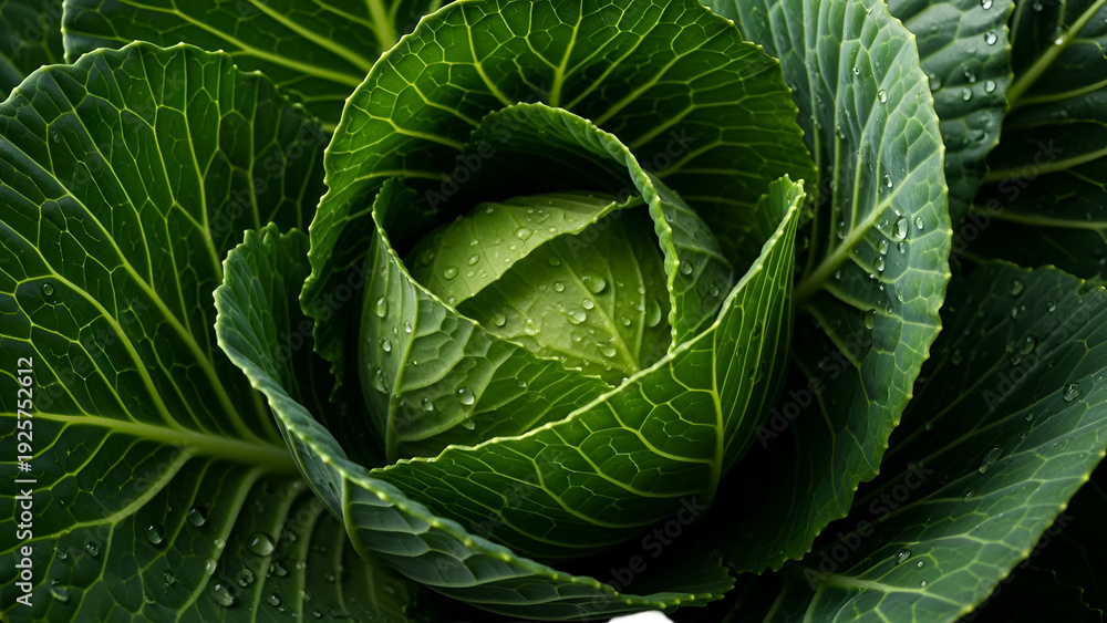 Fototapeta premium Fresh Green Cabbage Head With Water Droplets Close Up Freshness Concept