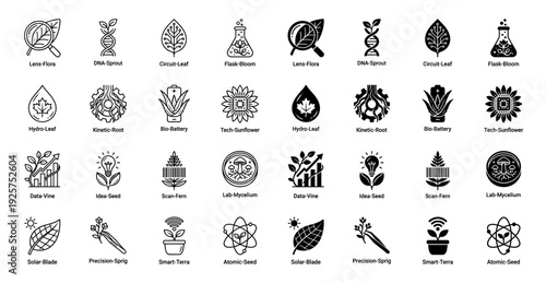 Hybrid biotechnology and agritech icons merging organic plant life with digital circuits and laboratory equipment in outline and solid styles
