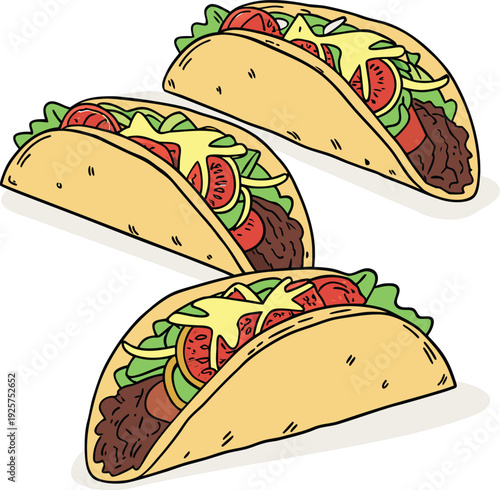 Two colorful cartoon tacos with visible fillings of meat lettuce and tomato