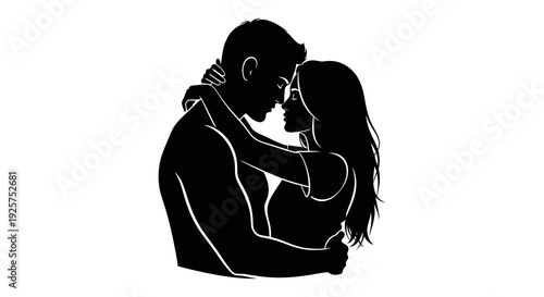 Silhouetted couple embracing in a close intimate pose against a white background