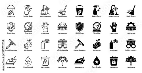 Professional cleaning service icons featuring hybrid conceptual symbols for sustainable hygiene and smart home maintenance in outline and solid styles