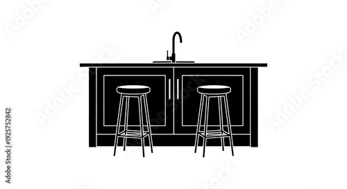Black and white illustration of a kitchen island with two bar stools