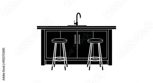 Black and white illustration of a kitchen island with bar stools and sink