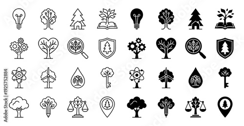Collection of hybrid nature icons combining trees with intellectual and industrial symbols like light bulbs gears magnifying glasses and scales of justice