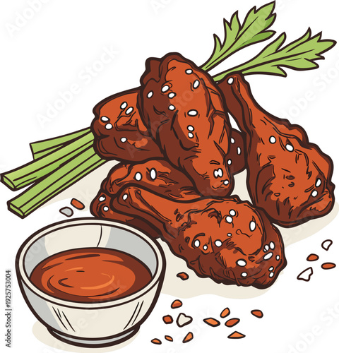 Illustration of spicy buffalo chicken wings with celery and dipping sauce