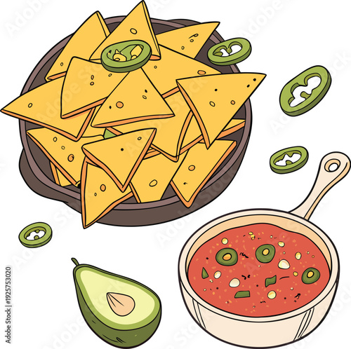 Colorful illustration of tortilla chips with toppings and accompaniments