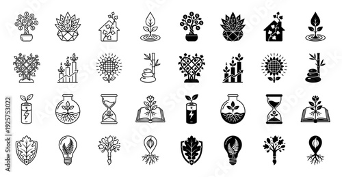 Collection of minimalist hybrid nature icons merging organic botanical elements with growth metaphors and everyday objects in outline and solid styles